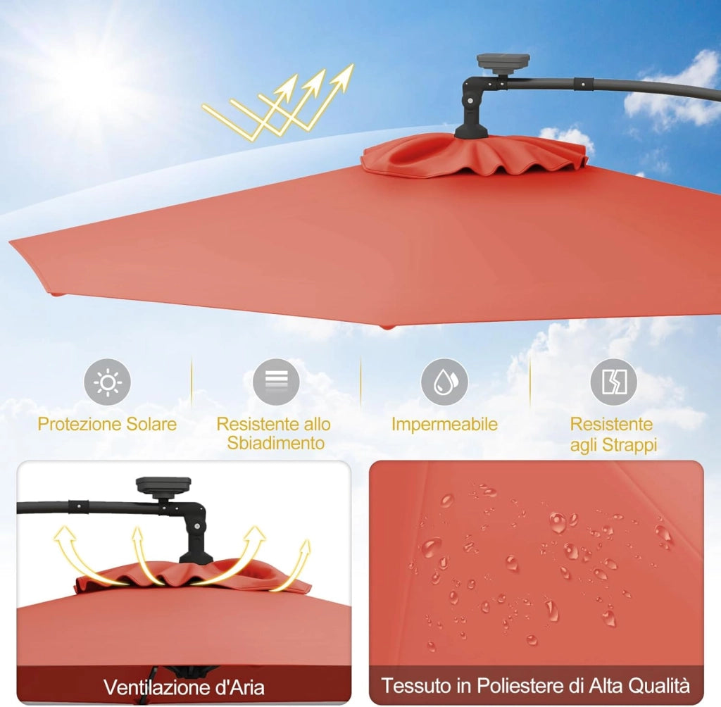 Ombrellone da Giardino ∅300 cm con 32 Luci LED, Ombrellone Prendisole con Rotazione di 360°, Inclinazione Regolabile, 8 Stecche, Manovella, per Giardino Piscina Cortile (Arancione)