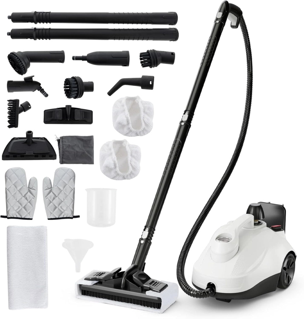 2000W Pulitore a Vapore, Vaporizzatore Portatile con Serbatoio 1,8L, er Uso Domestico con Accessori, Macchina per Pulizia su Pavimenti Finestre Tappeti (Bianco)