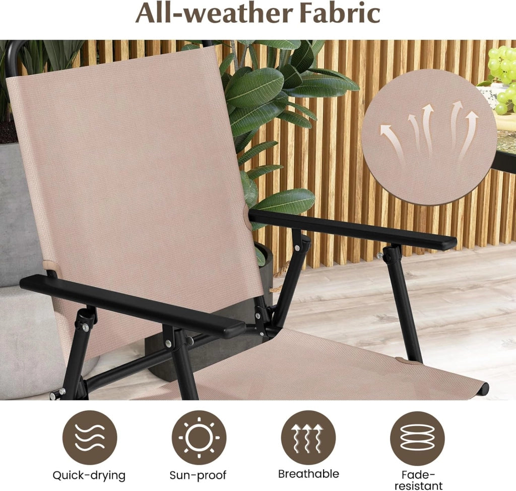 Set da Bistrò, Set da Giardino con (Ombrello), Tavolo con Foro da Ombrello, e 2 Sedie Pieghevoli, Set Tavolo e Sedie da Giardino, Set da Esterno per Balcone, Beige (Senza Parasole)