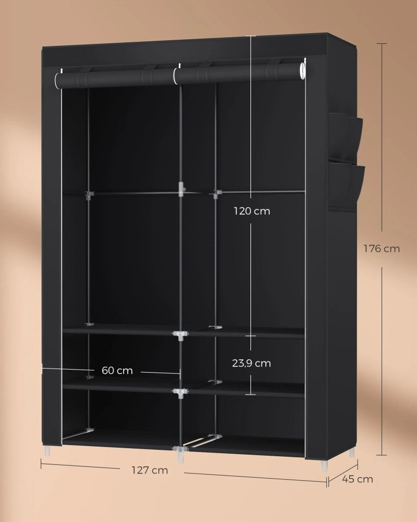 Armadio da camera in tessuto appendiabiti 45 x 127 x 176 cm 2 scomparti appendiabiti con ripiani 4 tasche grande capacità camera da letto/soggiorno grigio ryg008g02 12_0003967