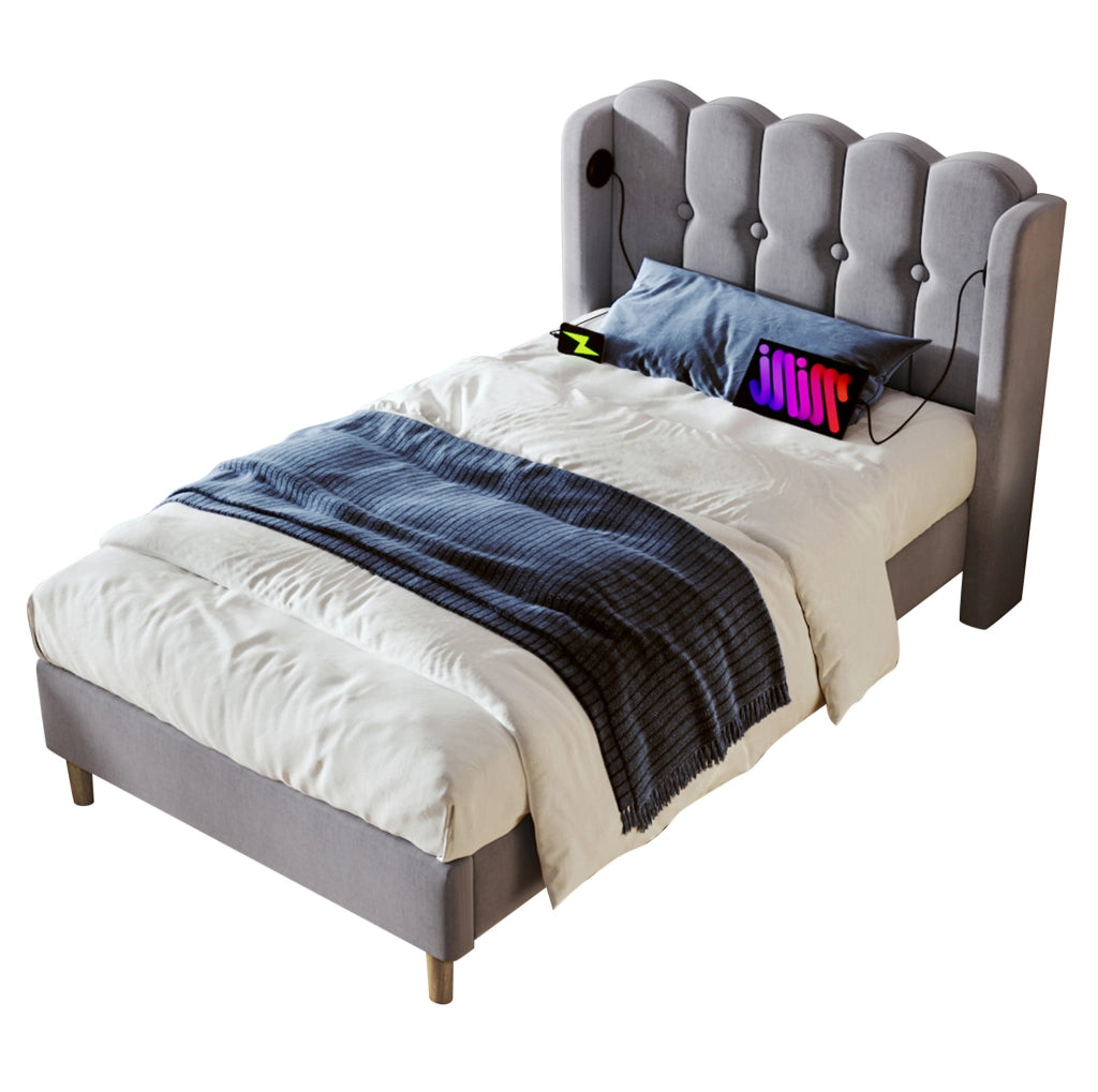Letto imbottito 90x200 cm con ricarica USB e Type-C, struttura robusta e design moderno