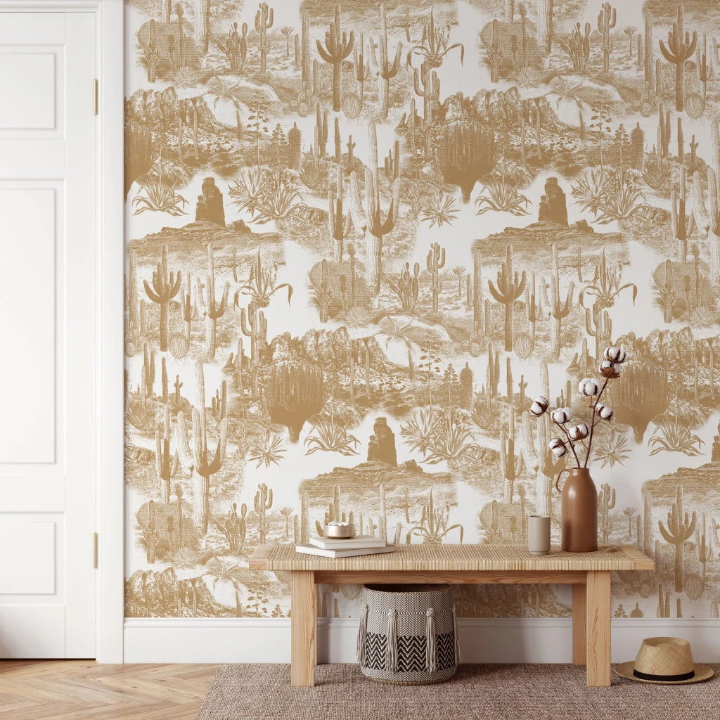 Carta da Parati Cactus nel Deserto Beige Carta Vegana 250x200cm 5,5mq 