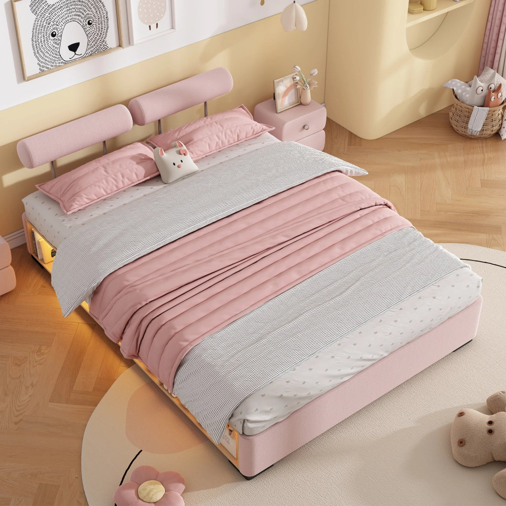 Letto Polster per Bambini Rosa 140x200 cm con Libreria Laterale e Luce a LED