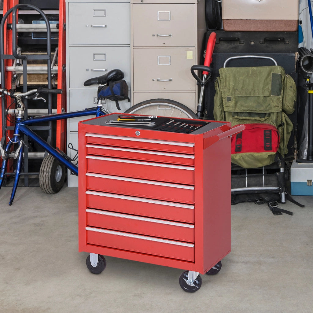 Carrello Portautensili 69x33x75 cm Rosso in Acciaio con 7 Cassetti, Serratura e 4 Ruote