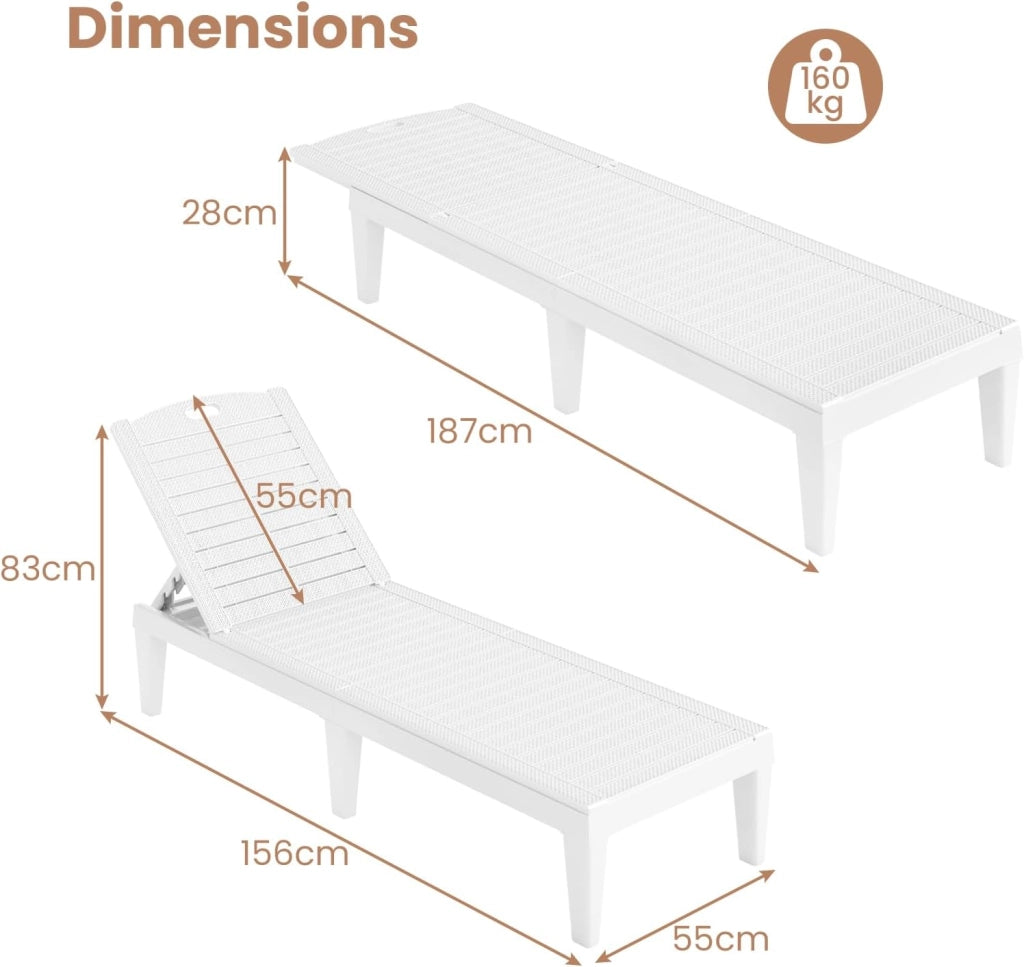 Set di 2 sedie a sdraio da giardino in PP con schienale reclinabile a 5 livelli, bagno da sole, carico 160 kg, per balcone, terrazza, picina, 156 x 55 x 83 cm (bianco)