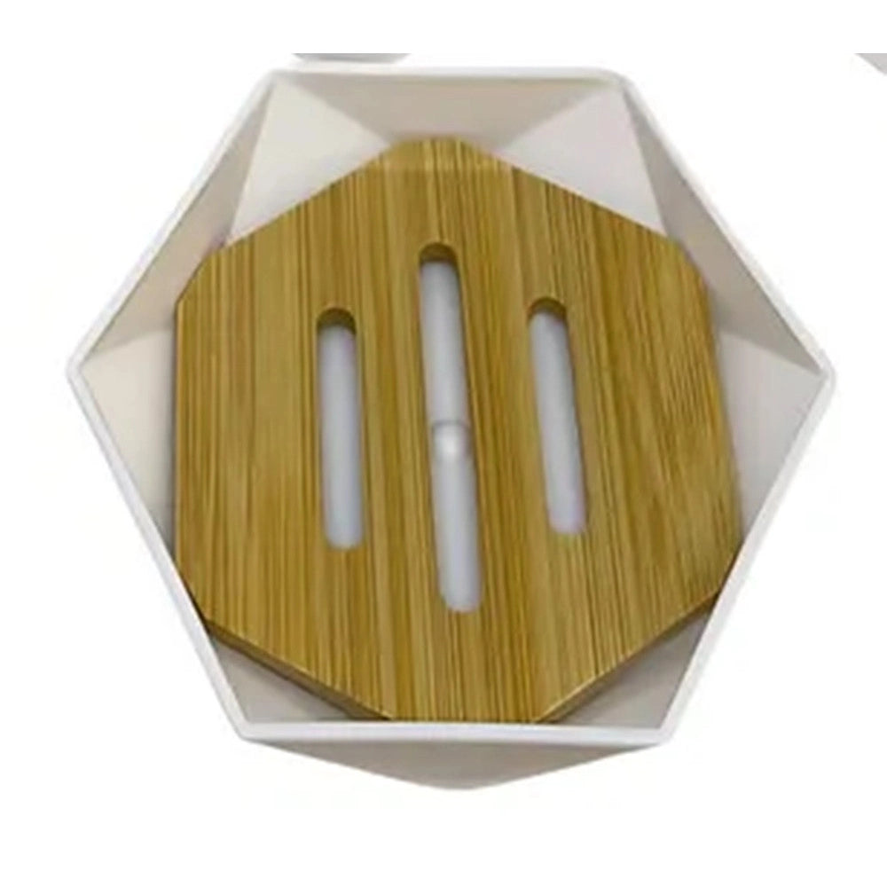 Trade Shop - Piattino Porta Sapone Saponetta Forma Esagonale Geometrico Bianco Legno Da Bagno 10838 -
