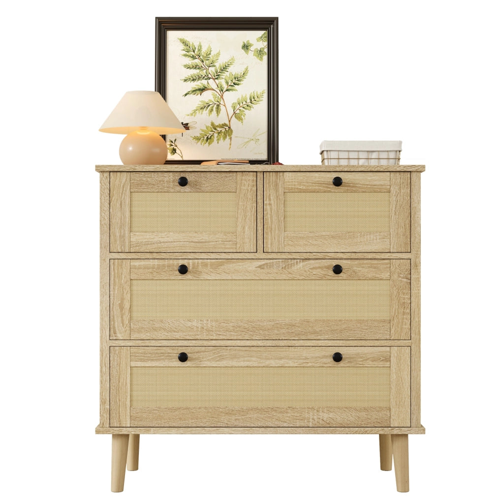 Chest of drawers with four rattan drawers - Zephmum- Solid wood legs