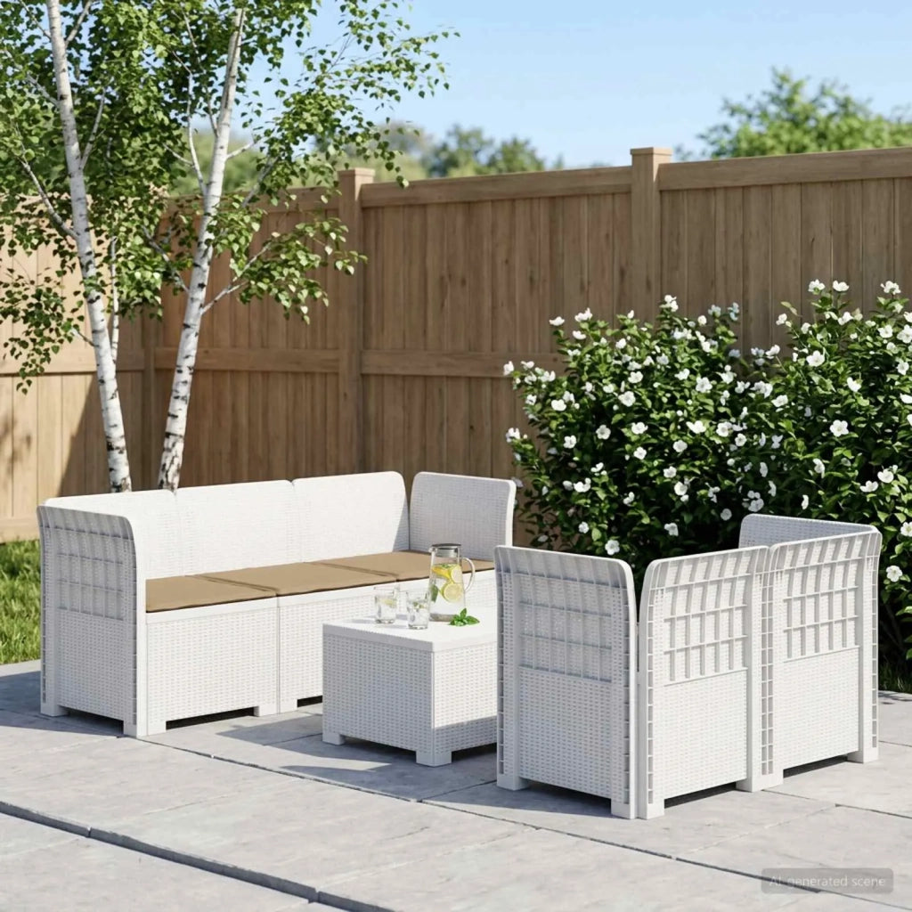 Divano da Giardino 5 Posti con Cuscini Stile Rattan PP Bianco 3443900