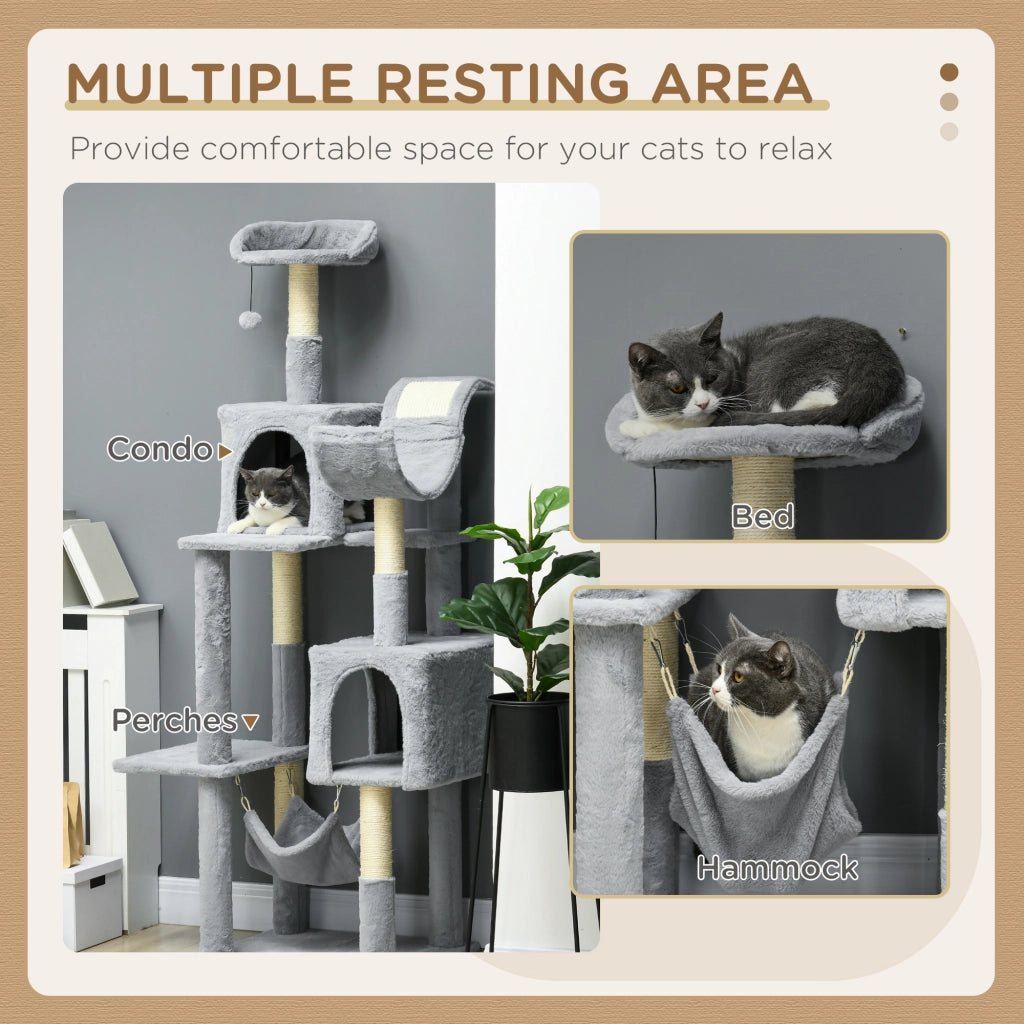 EasyComfort Albero per Gatti con Amaca, Lettino e 2 Casette, in Truciolato e Peluche, 55x49x177 cm, Grigio e Bianco
