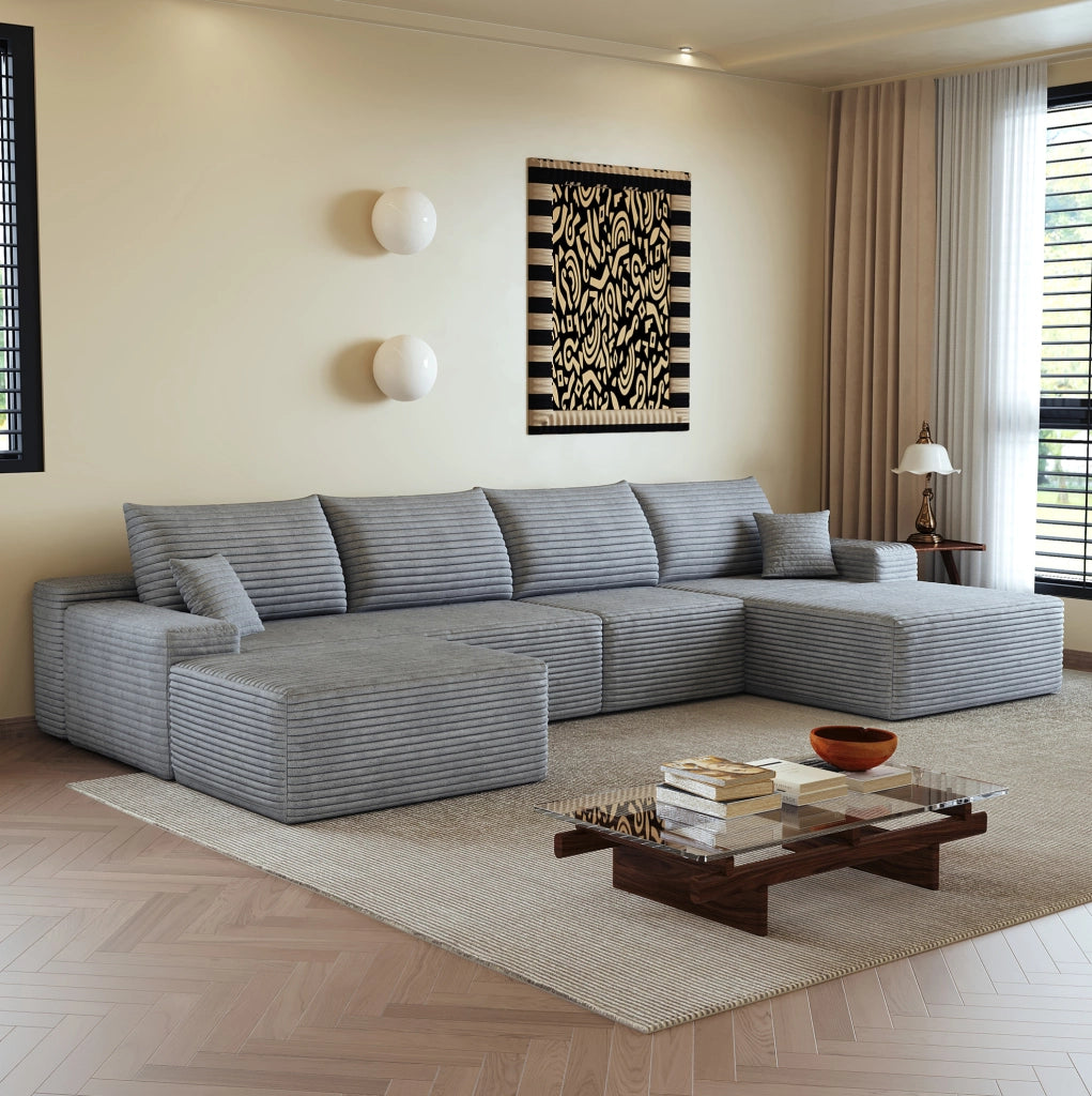 Divano angolare modulare 340 cm, chaise longue a L, tessuto a coste rigato grigio