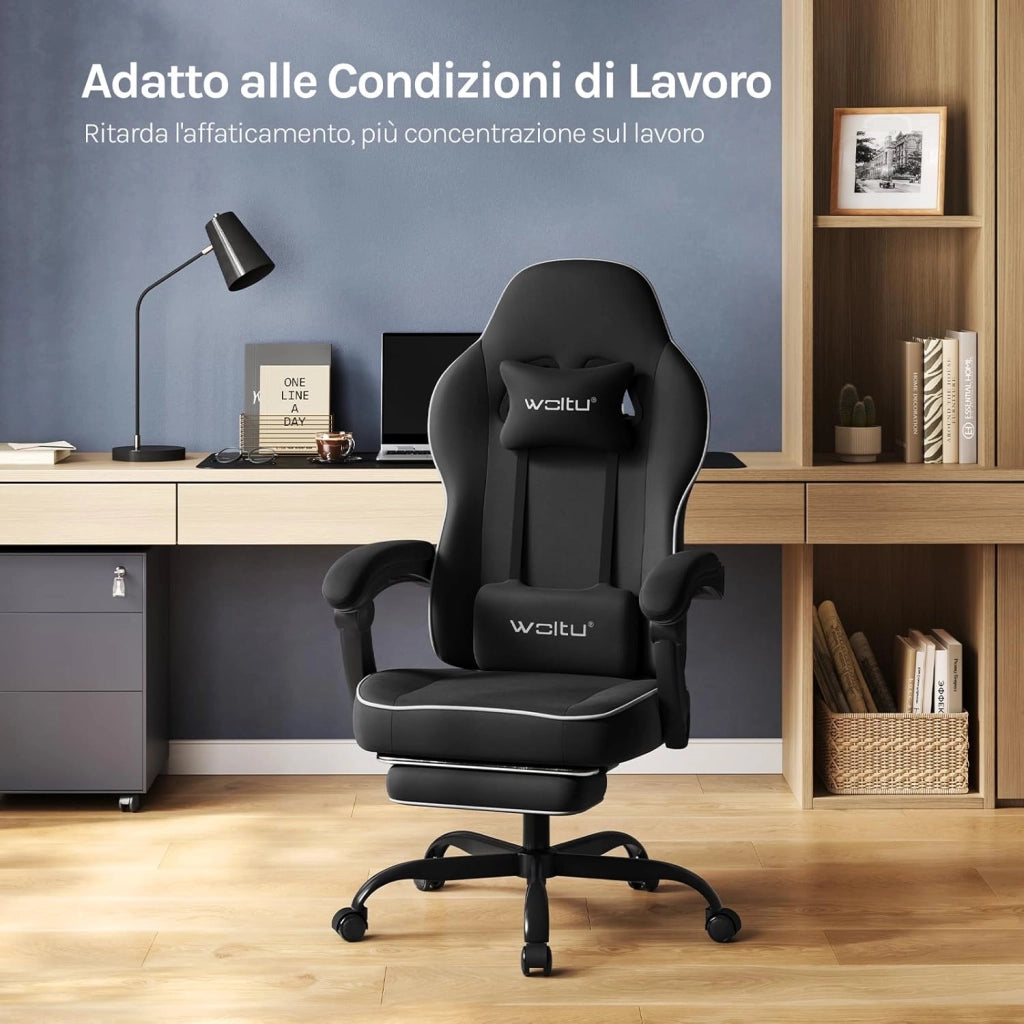Sedia Gaming, Ampia Sedia da Ufficio Ergonomica Imbottita con Cuscino a Molla, Alta Capacità di Carico, Poltrona per Computer con Schienale Alto e Poggiapiedi, Tessuto Tecnologico, Nero, GS10sz