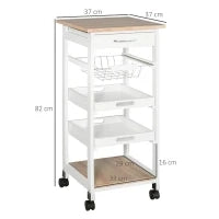 Carrello da Cucina Salvaspazio in Legno di Pino e MDF, Carrello Portaoggetti con Cassetto, Cestello, 2 Vassoi e 4 Ruote Universale, 37x37x82cm, Bianco