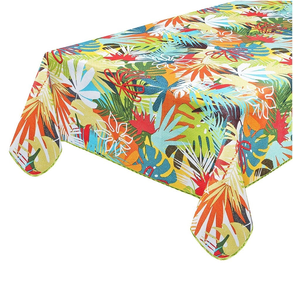 Tovaglia Antimacchia Bordata Copritavolo Foglie Palme Multicolore Cotone Plastificato - Tonda Diametro 155 Cm