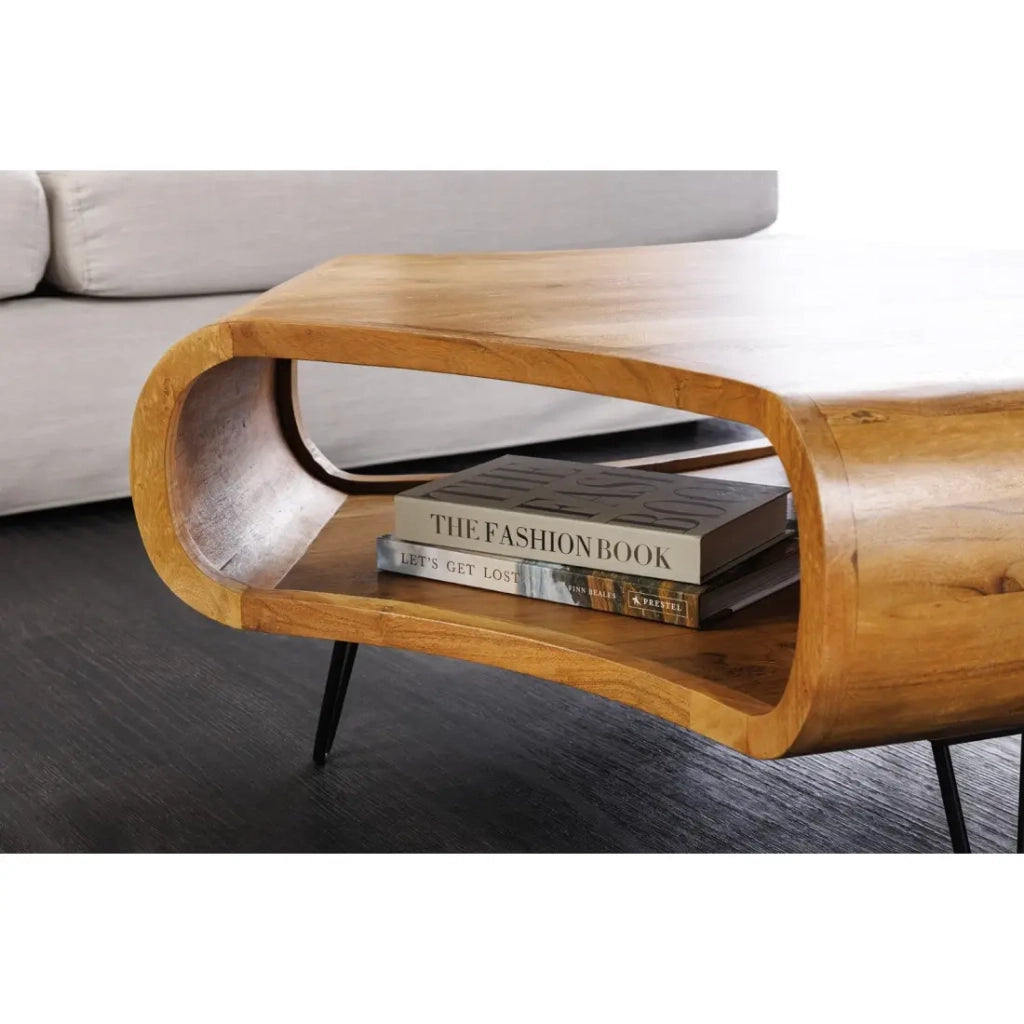 Tavolino basso NERA 90 cm in legno massiccio di acacia con nicchia e gambe in metallo nero – stile retrò industriale