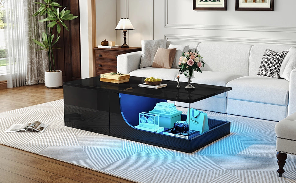 Tavolino da salotto nero lucido con LED e 2 cassetti 100x50x30 cm