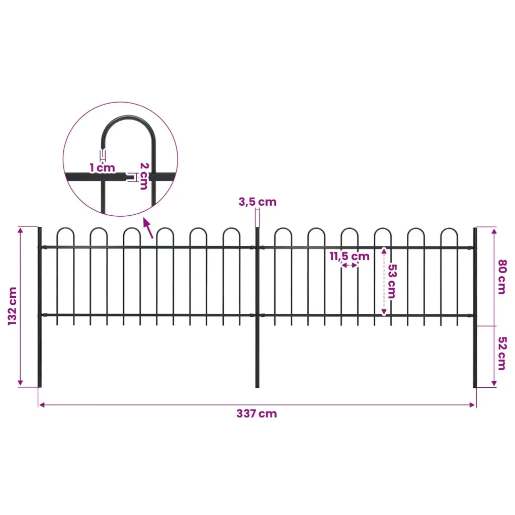Recinzione da Giardino con Parte Superiore ad Anello in Acciaio 337x80 cm Nero 277648