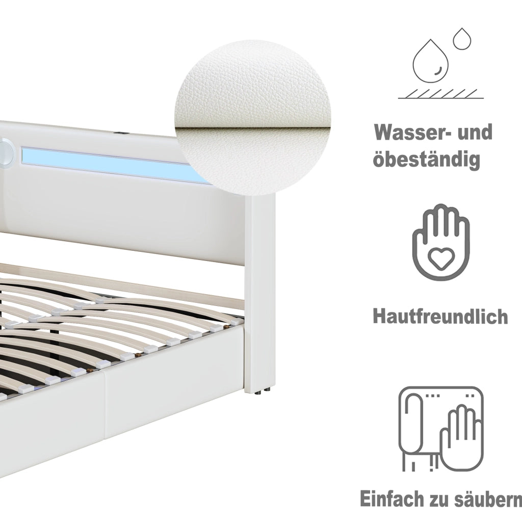 OKWISH Letto Contenitore 160×200 cm, Letto Matrimoniale con LED, Bluetooth, USB e Tipo C, senza Materasso, in Ecopelle, Bianco