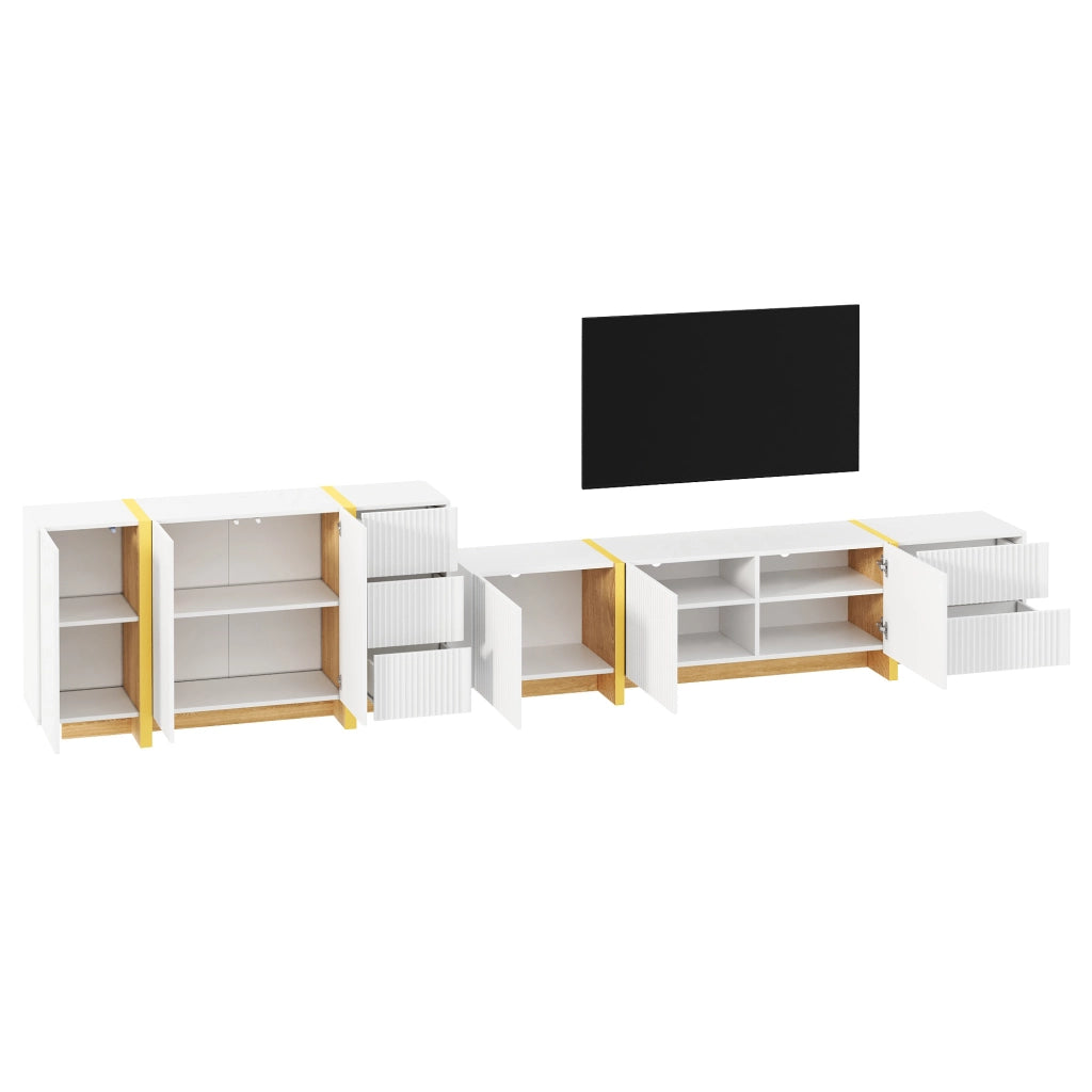Combinazione mobile TV e sideboard bianca con frontali scanalati in MDF e pannello truciolare