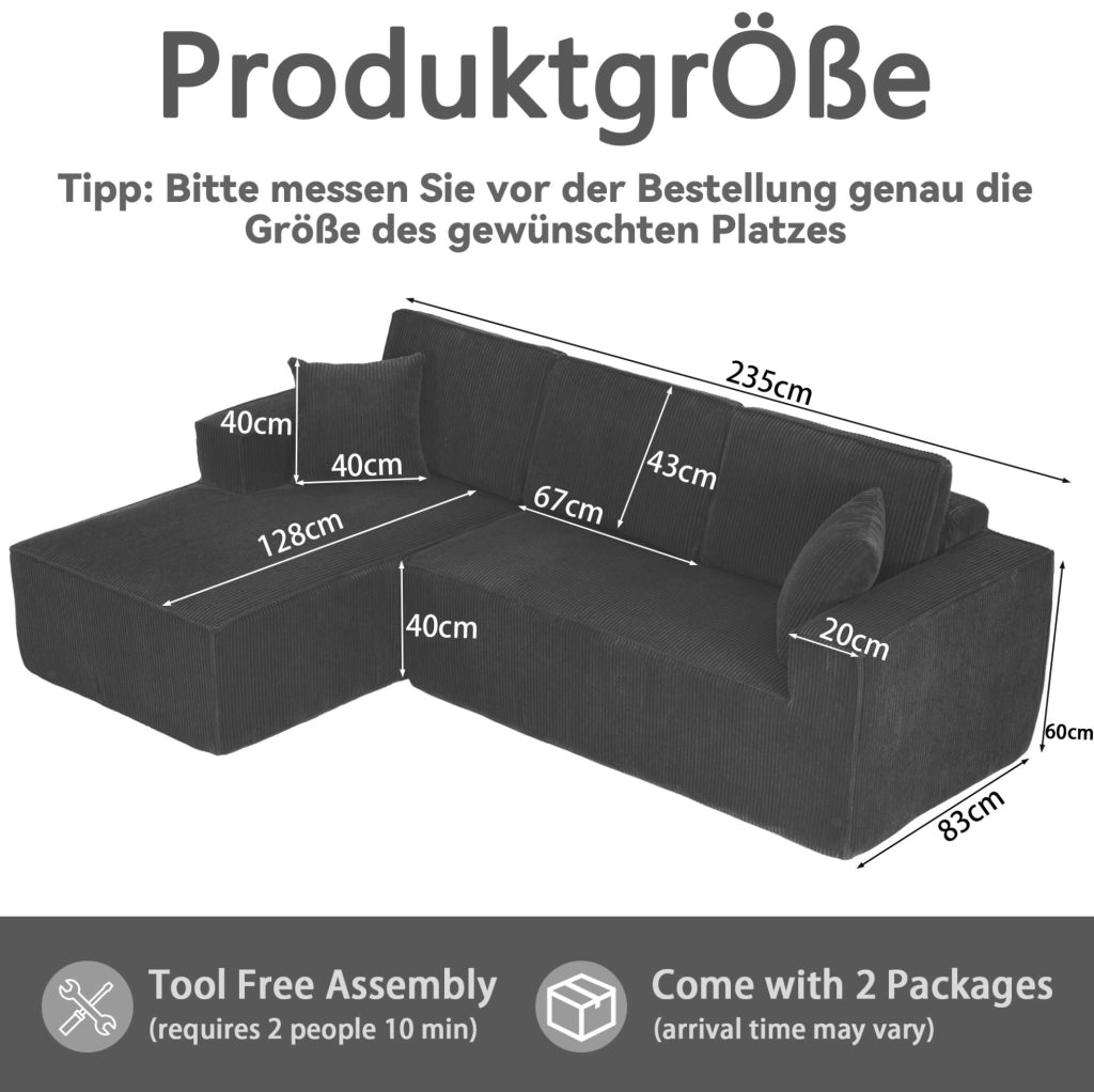 Divano angolare modulare a L in tessuto corduroy nero; 235x128x60 cm; con 2 cuscini