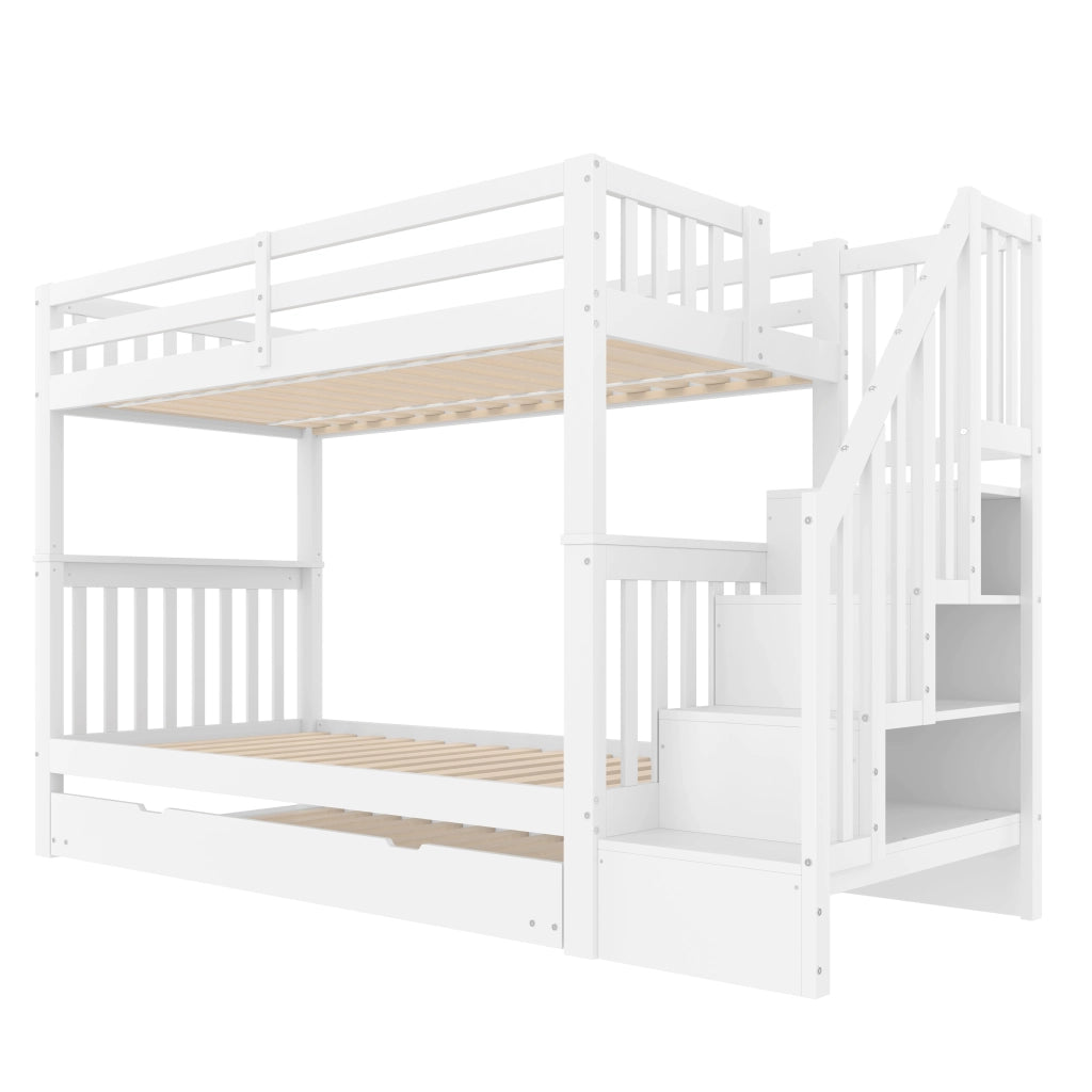 Letto a castello 90×200 cm con letto estraibile; scaffali nella scala e sponde alte; senza materasso; bianco