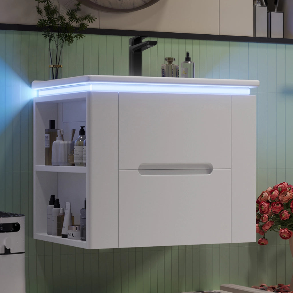 Mobile sottolavabo sospeso con lavabo in ceramica, 2 cassetti, illuminazione a sensore LED, bianco 61 × 46 × 48.5 cm