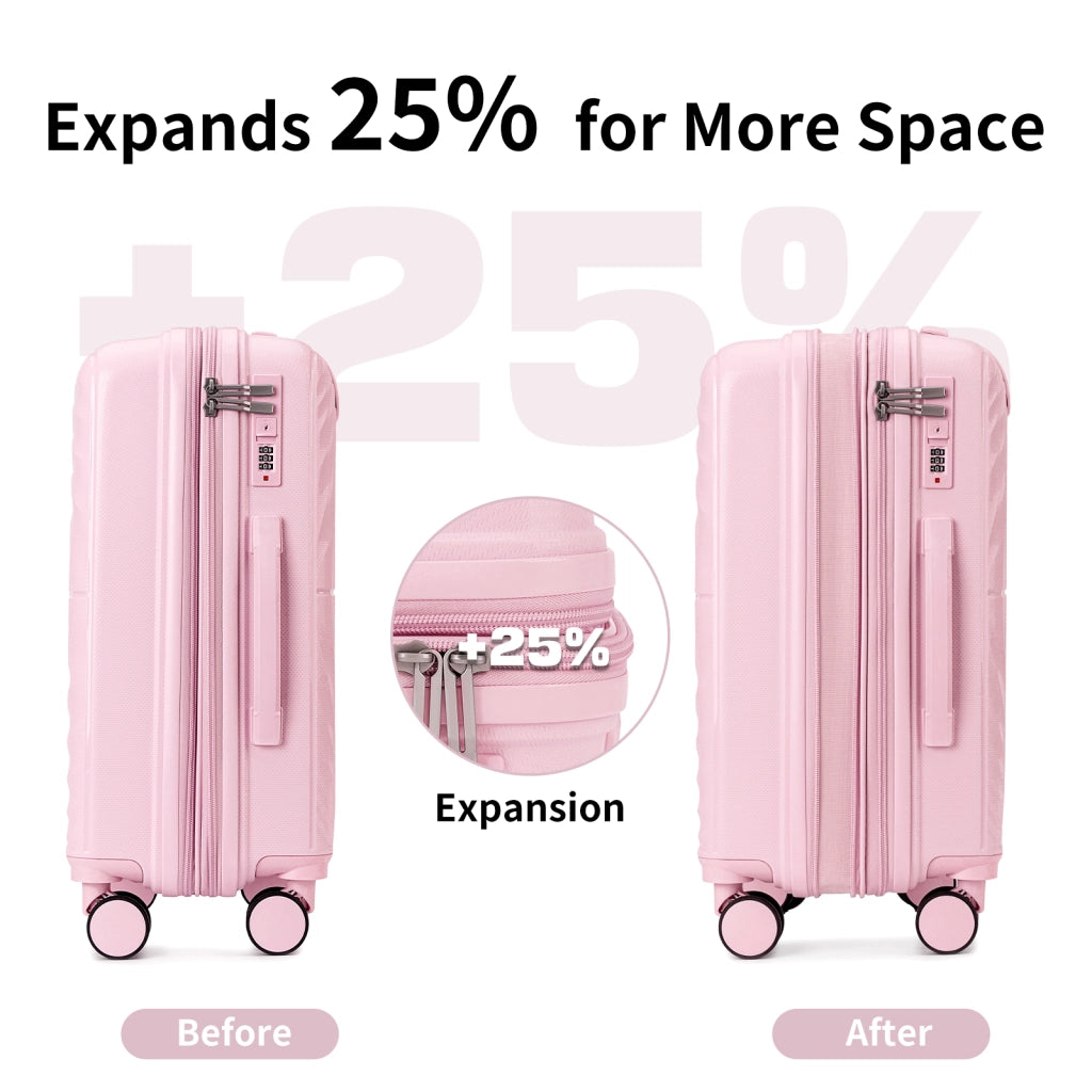 Set di valigie leggere da 3 pezzi, bagaglio a mano espandibile in PP da 20 pollici con ruote, colore rosa