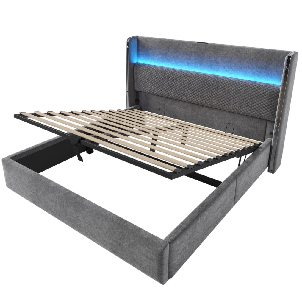Letto con testiera alta, LED integrato, vano contenitore e porte USB/Type-C