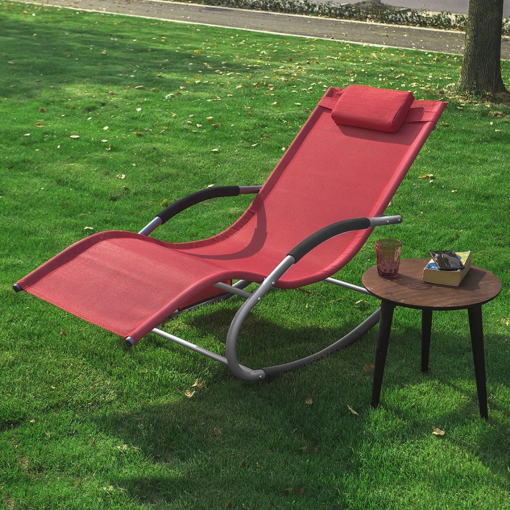 SoBuy Lettino Sdraio da Giardino a Dondolo - Sedia a Dondolo da Esterno in Textilene Rosso con Telaio in Metallo, 150x63x87cm, Lettino Prendisole per Terrazza, Piscina, Patio, OGS28-R