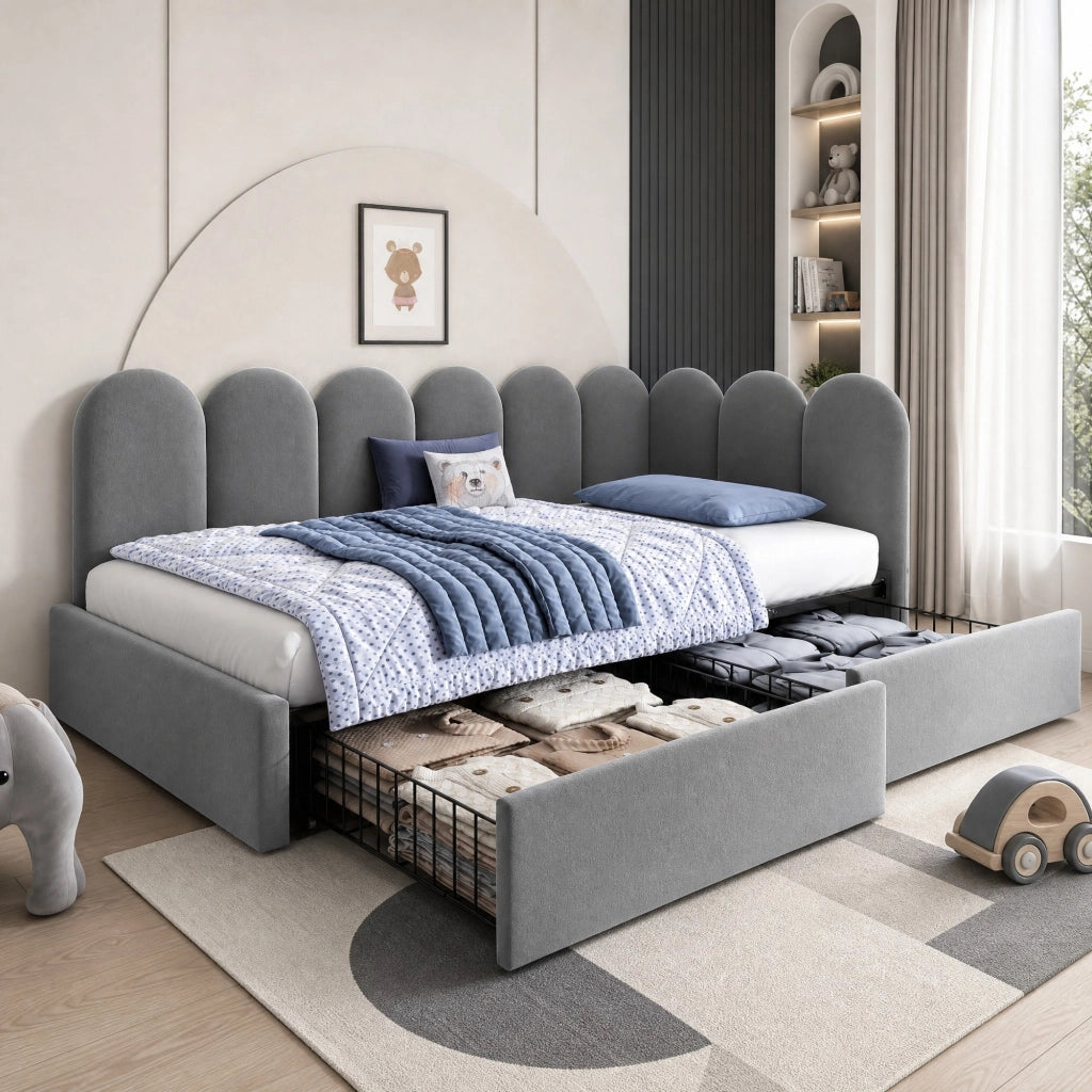DESMIU Letto singolo 90 × 190 cm con 2 cassetti contenitore, senza materasso, in velluto, grigio