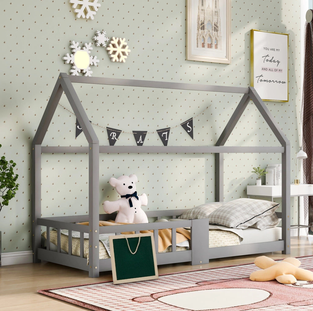 Letto a casetta per bambini 90x200 cm grigio con lavagna