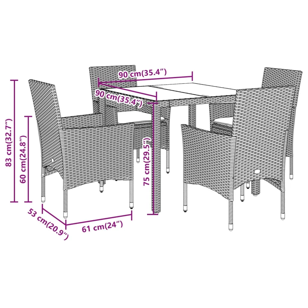 Set da Pranzo da Giardino 5 pz | Set Salotto da Giardino con Cuscini Polyrattan e Vetro