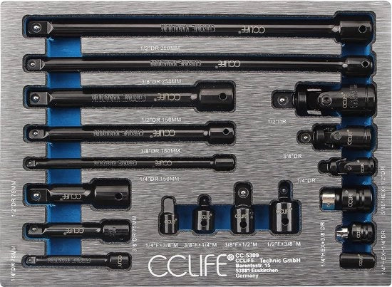 Set di chiavi 18 in 1 con estensioni 1/4', 3/8', 1/2', set di chiavi a rasoio, elementi di connessione a rasoio, inclusi chiavi a doppia testa e adattatore cardanico | Cr-V