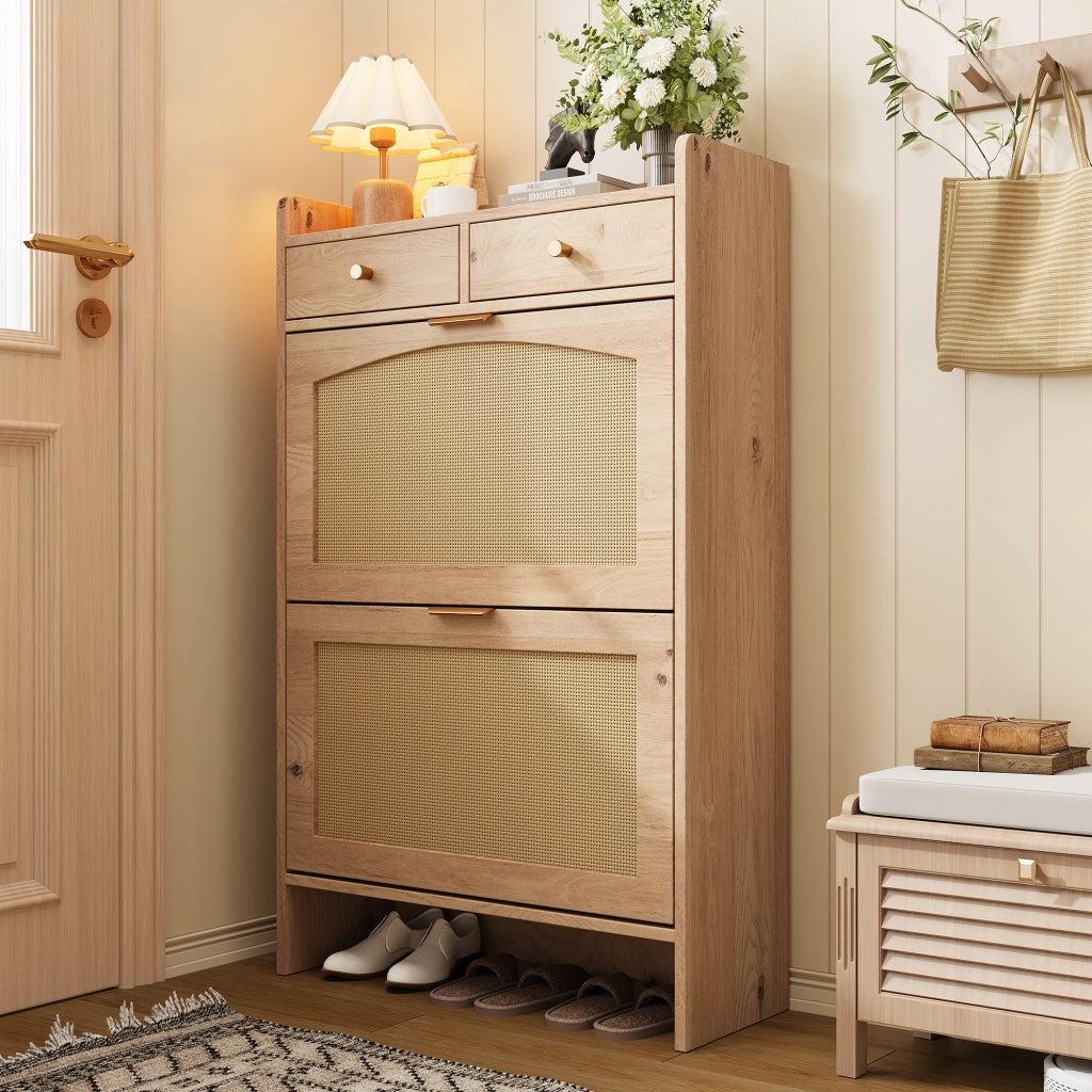 Scarpiera con 2 vani ribaltabili e 2 cassetti - per ingresso - 65x25x106 cm - naturale
