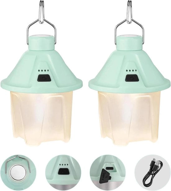 2 pezzi – 450LM Lampada da Campeggio USB C Ricaricabile – Magnete & Supporto da Parete – 5 Posizioni – per Campeggio, Escursioni, Natale