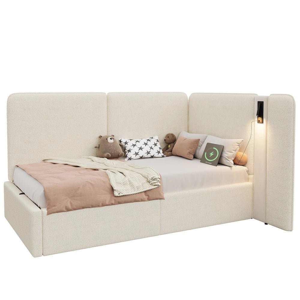 Letto Imbottito Contenitore 90x200 con USB e Luce di Lettura ¨C Xylo ¨C Beige Boucl¨¦