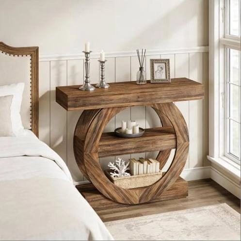 Tavolo consolle rustico a 3 ripiani in legno, 105 cm