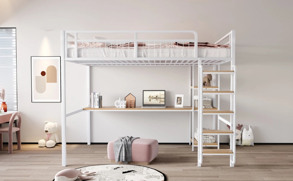 Letto a castello metallo bianco con scala di sicurezza tavolo e scaffali 140x200 cm