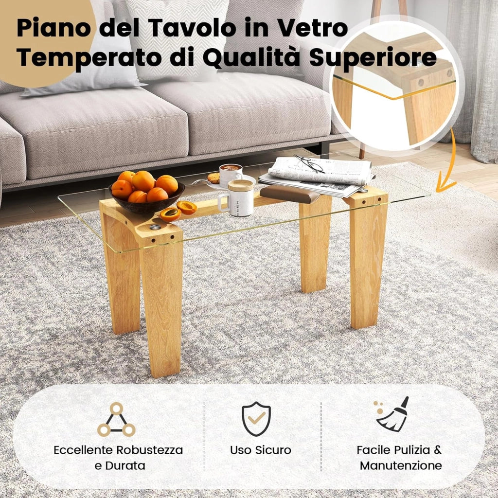 Tavolino da Caffè per Salotto, Tavolino Rettangolare in Vetro Temperato e Legno Massicio di Gomma, Tavolino da Divano Moderno per Soggiorno, 100 x 50 x 41 cm, Naturale
