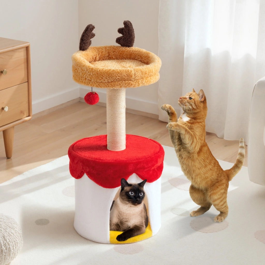 Torre per gattini 80 cm con tiragraffi in sisal pallina appesa cuscino lavabile, Albero di natale per gatti con letto