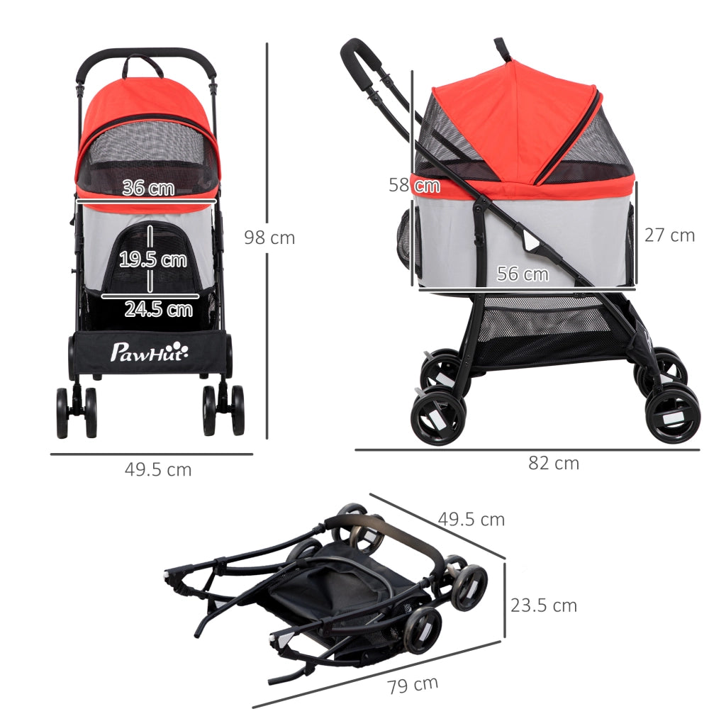 EasyComfort Passeggino per Cani Pieghevole con Trasportino Rimovibile e Tettuccio, 82x49.5x98cm, Rosso