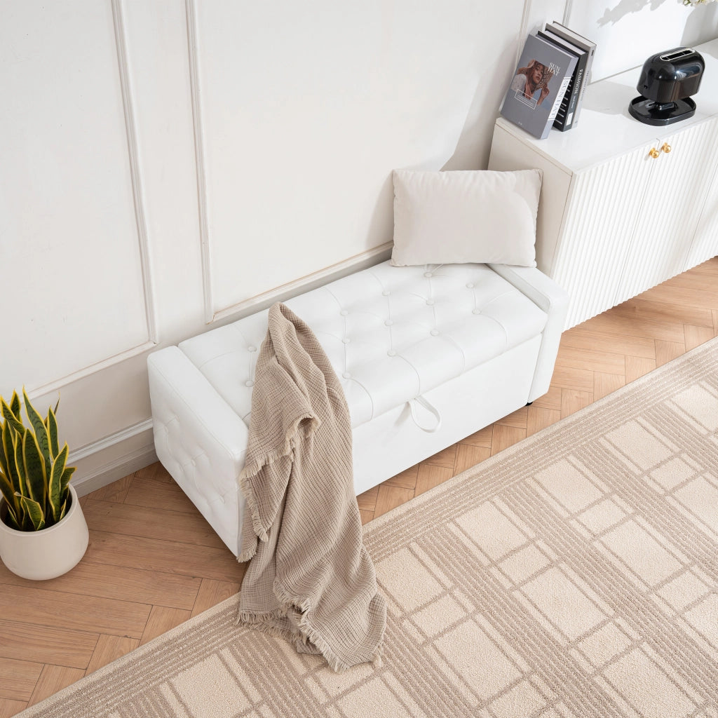 Panca contenitore rettangolare con seduta imbottita e vano portaoggetti, in legno e tessuto bianco 122 × 45 × 47 cm