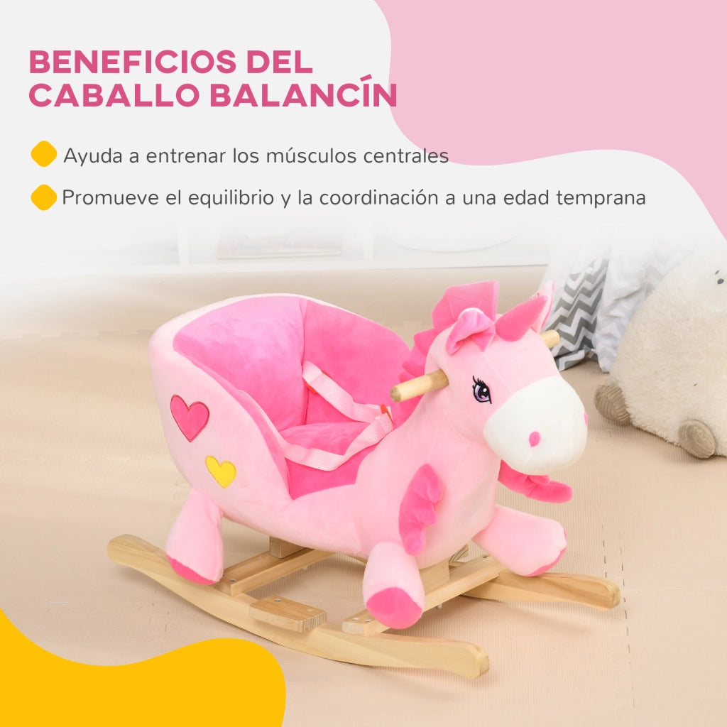 Cavallo a dondolo unicorno per bambini con musica e cintura di sicurezza ¨C Xylo ¨C Rosa 65x35x45cm