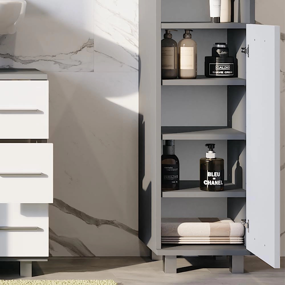 Mobiletto midi Ilias, Antracite/bianco, 30.2 x 95 cm con porta, per la conservazione di articoli da bagno e asciugamani