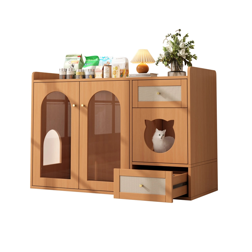 Mobile coperto per lettiera per gatti 5 in 1 con vano riposo e cassetto ciotole, in MDF e vetro, noce, 120 × 45 × 76 cm