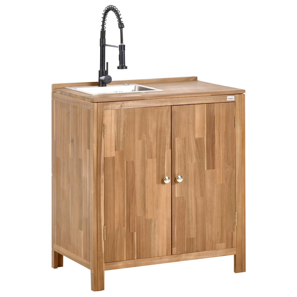 Set di armadietti da cucina per esterni con lavello e rubinetto in legno di acacia marrone e nero Unità di scaffali in acciaio inox