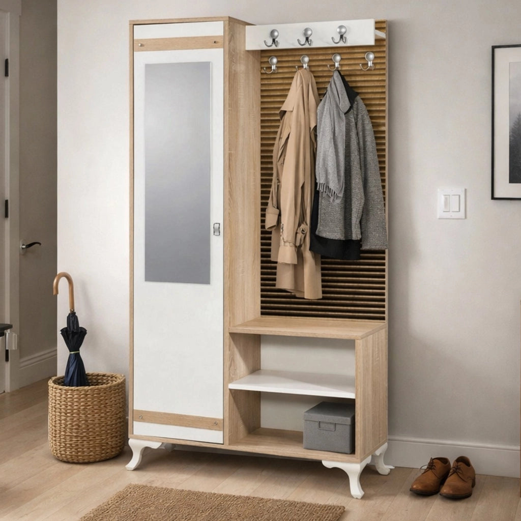 Mobile da ingresso Sugilite, Entratina appendiabiti, Composizione per atrio, Consolle portaoggetti multifunzione, 100x36h190 cm, Quercia