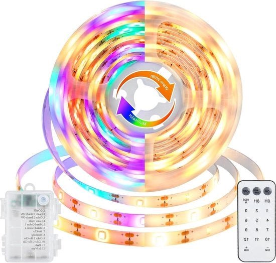 Striscia LED 3 metri 108 led con 12 modi di timer, controllo a distanza e regolazione di luminosità, decorazione batteria (bianco caldo + RGB)