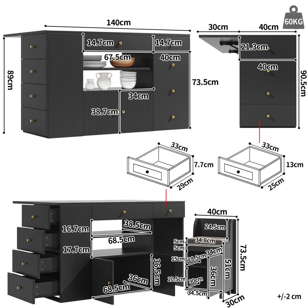 OKWISH Isola da Cucina con 6 Cassetti, 2 Ripiani Aperti, 1 Armadietto e Sgabello Contenitore con Ruote, 140 x 40 x 89 cm