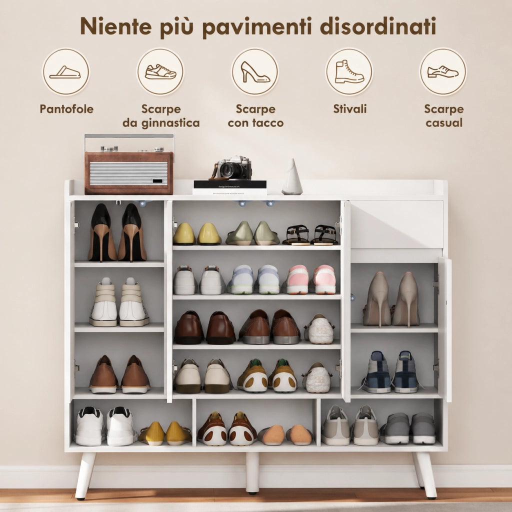 Scarpiera MDF bianca 120×35×100 cm, ante push‑open, ripiani regolabili, cassetto, kit antiribaltamento per ingresso