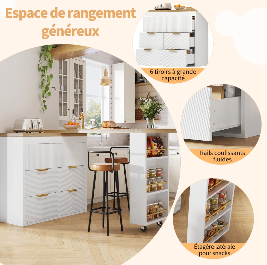 Bartisch mit 6 Schubladen und Kippsicherung, drehbar 360°, MDF Sideboard für Küche, Wohnzimmer oder Homeoffice
